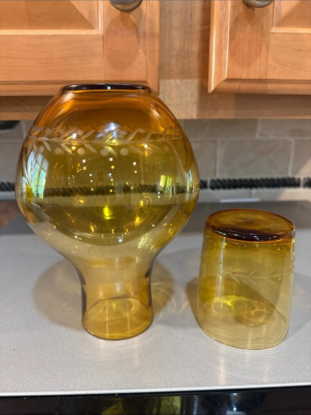 Amber Glass Decorative Carafe with Matching Glass  - Bedside or Barware
